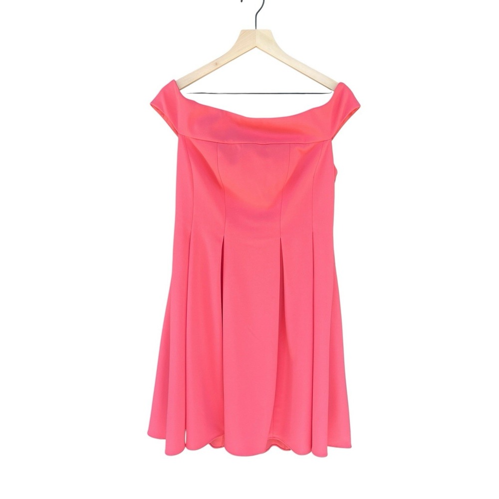 Adrianna Papell Off-The-Shoulder Beach Coral Knit Crepe Pleated Dress NWT 12
